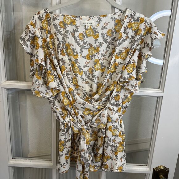MAX STUDIO Yellow Floral Peplum Blouse Tie Waist Flutter Sleeve Womens S - Picture 9 of 13